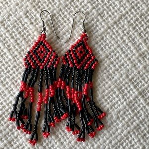 Red & black geo pattern fringe 3” seed+ bugle bead earrings